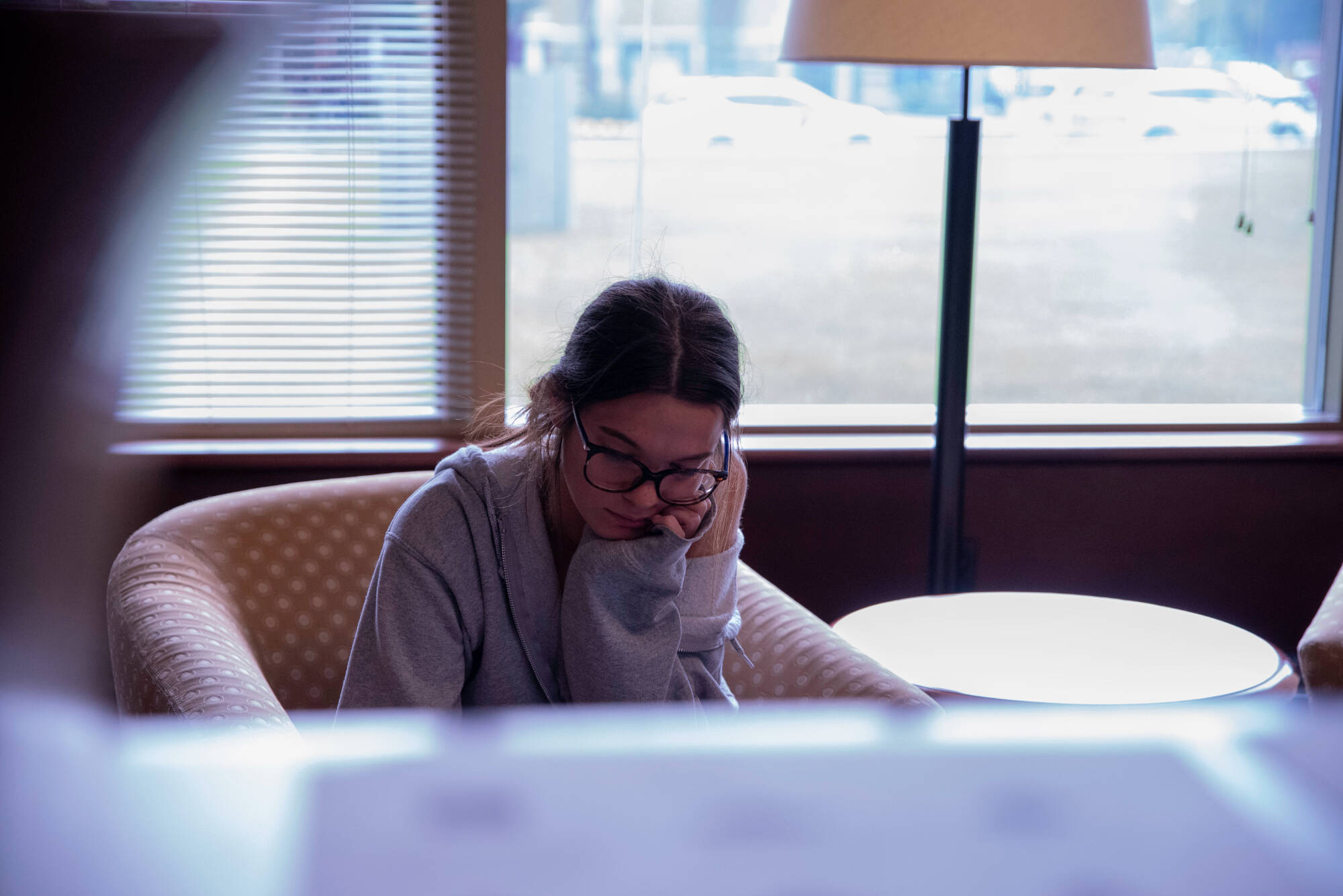 Madison Marshall, a Senior, sits in the Steelcase Library, while sje works on her assignment about the history of Ancient Egypt. She is working to earn a major in Psychology. Photo release on file